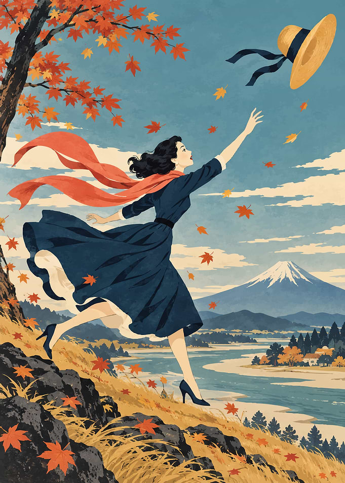 Woman chasing hat in autumn landscape