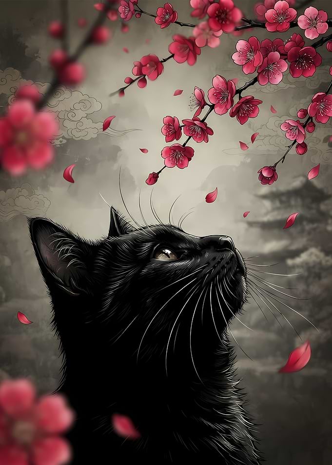Black Cat Under Cherry Blossoms