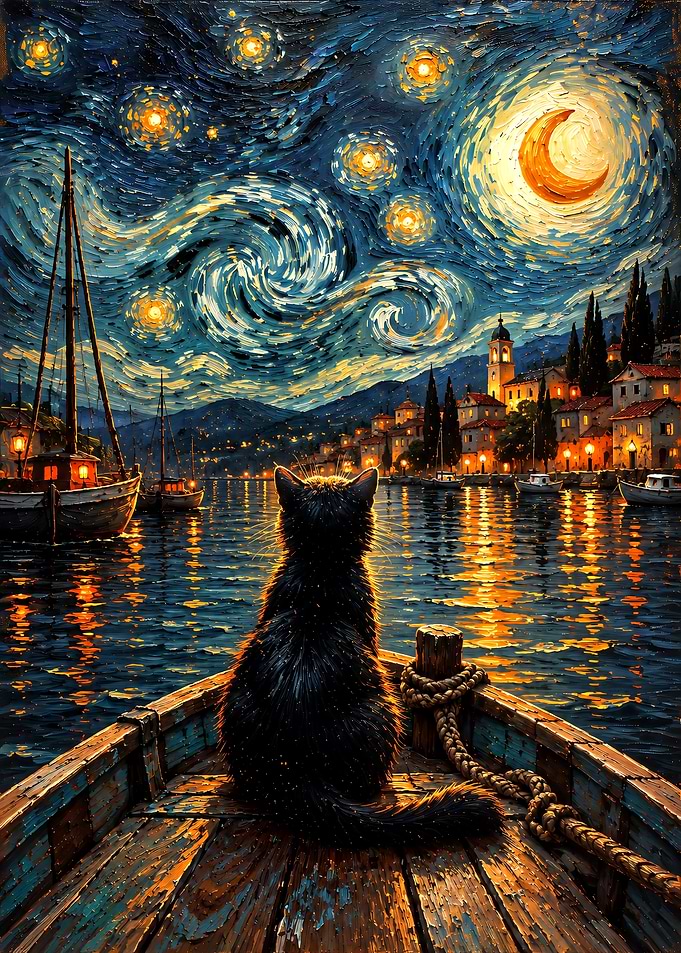 Black Cat on Boat Starry Night