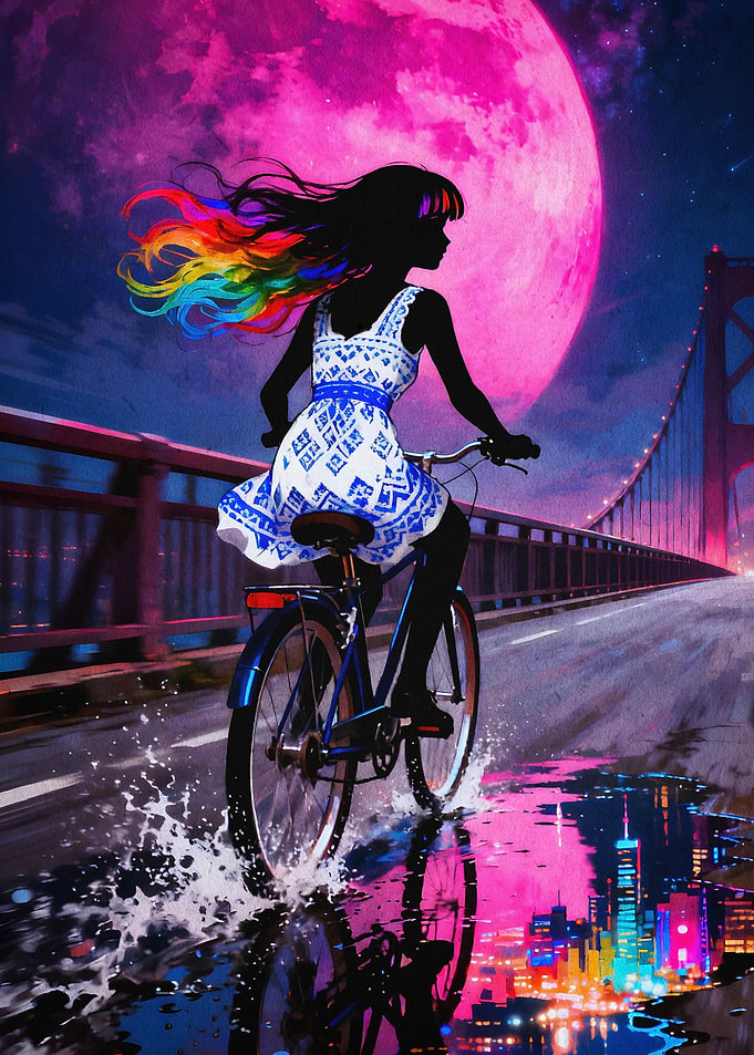 Rainbow Hair Cyclist Neon Dream Art