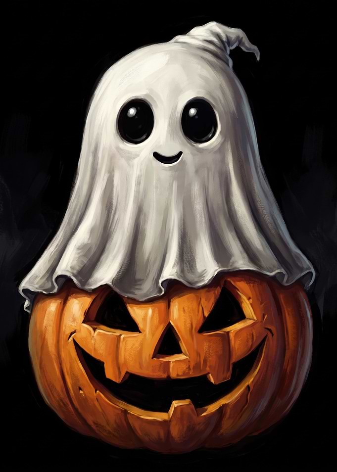 Cute Ghost Wearing a Jack-o'-lantern