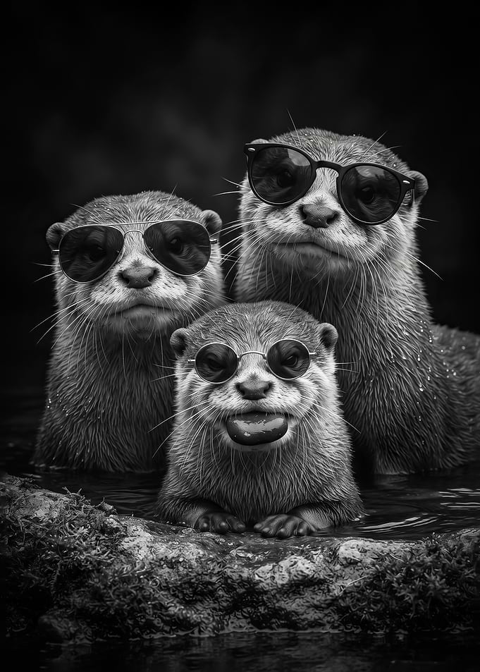 black and white Three Cool Otters Wearing Sunglasses