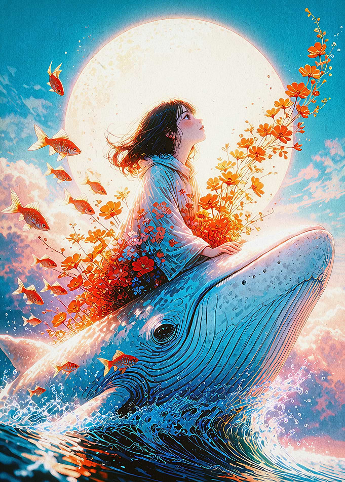 Girl Whale Fantasy Moon Art