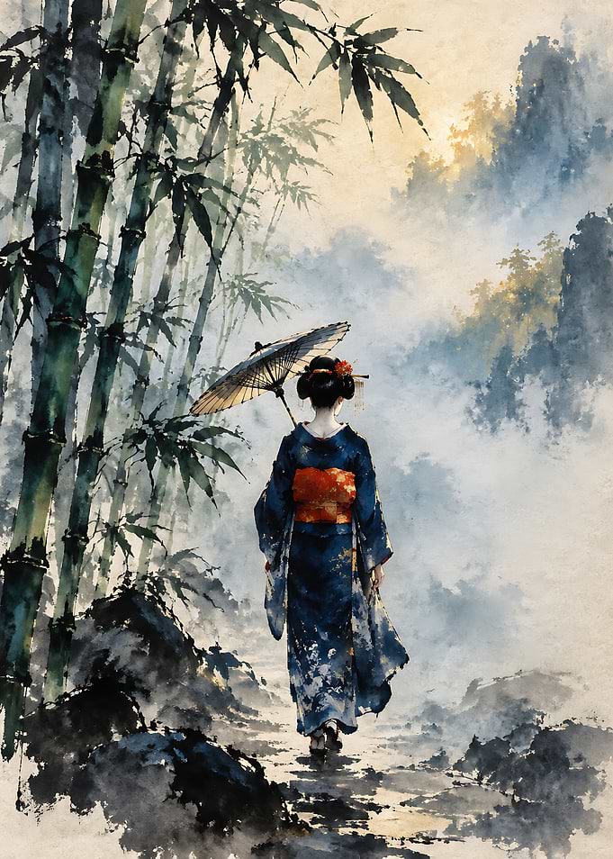 Geisha Walking Through Misty Bamboo Forest