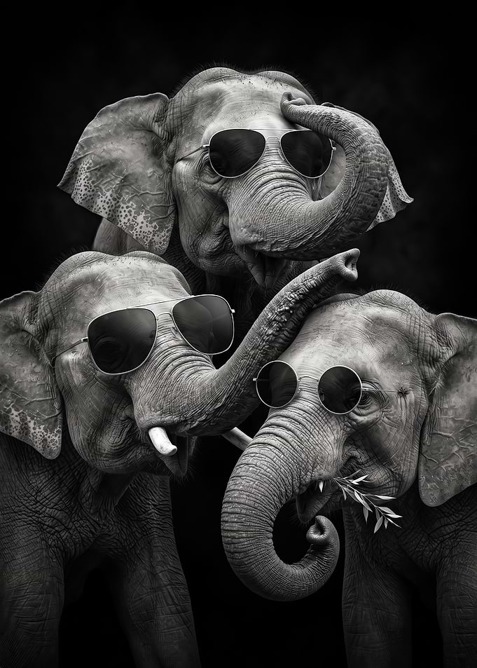 black and white funny Three Cool Elephants Wearing Sunglasses