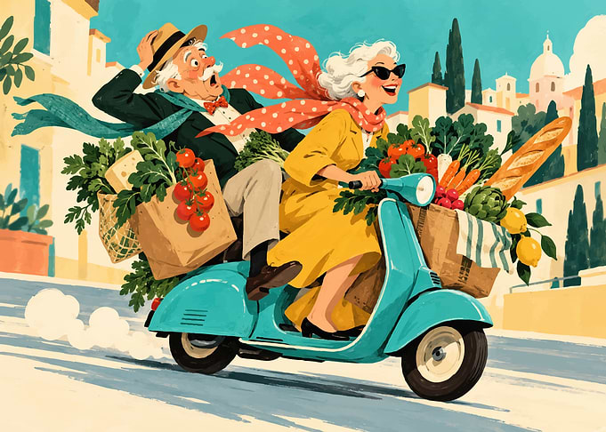 Elderly Couple Riding Scooter with Groceries
