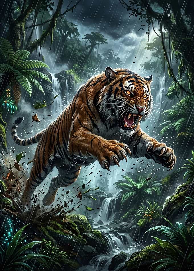 Fierce Tiger Leaping in Rain