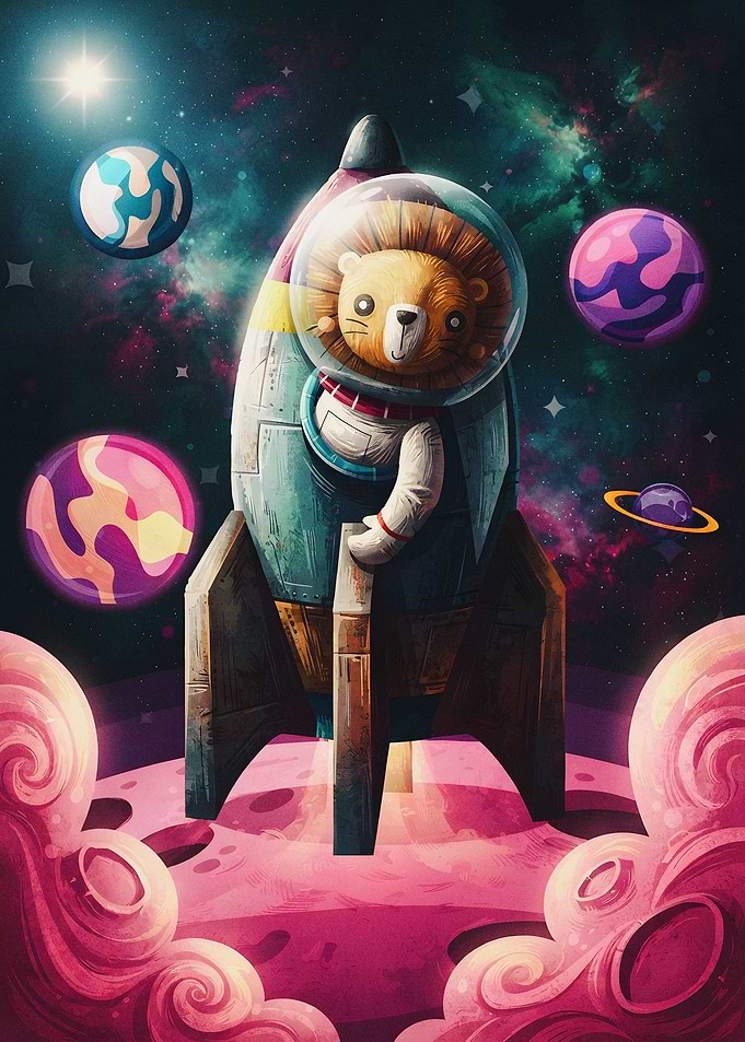 Cute Lion Astronaut in Space Rocket