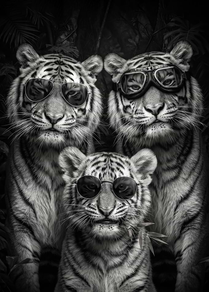 funny black and white Three Cool Tigers Wearing Accessories