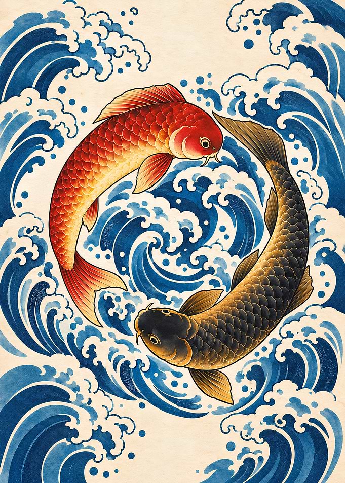 Twin Koi Circle – Red and Gold Irezumi Ukiyo-e Art
