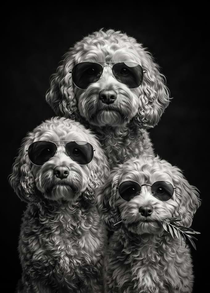 black and white Three Cool Dogs Wearing Sunglasses