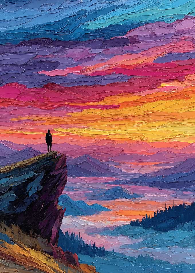 Lone Hiker Overlooking Vibrant Sunset