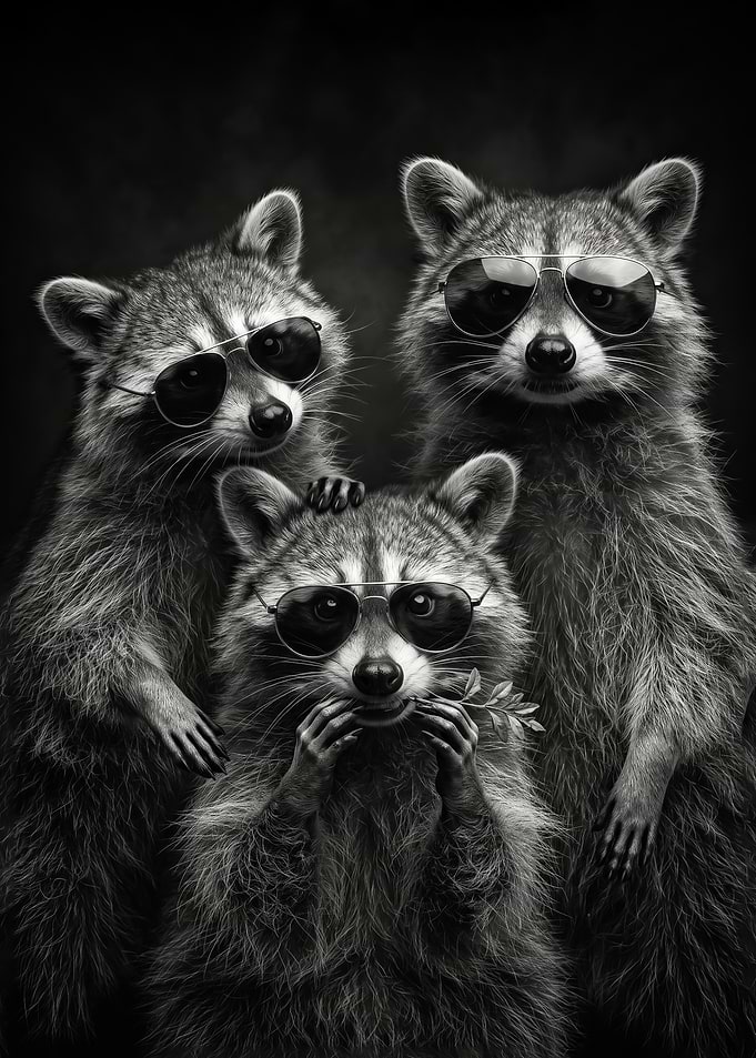 Three Cool funny raccoons Wearing Sunglasses poster