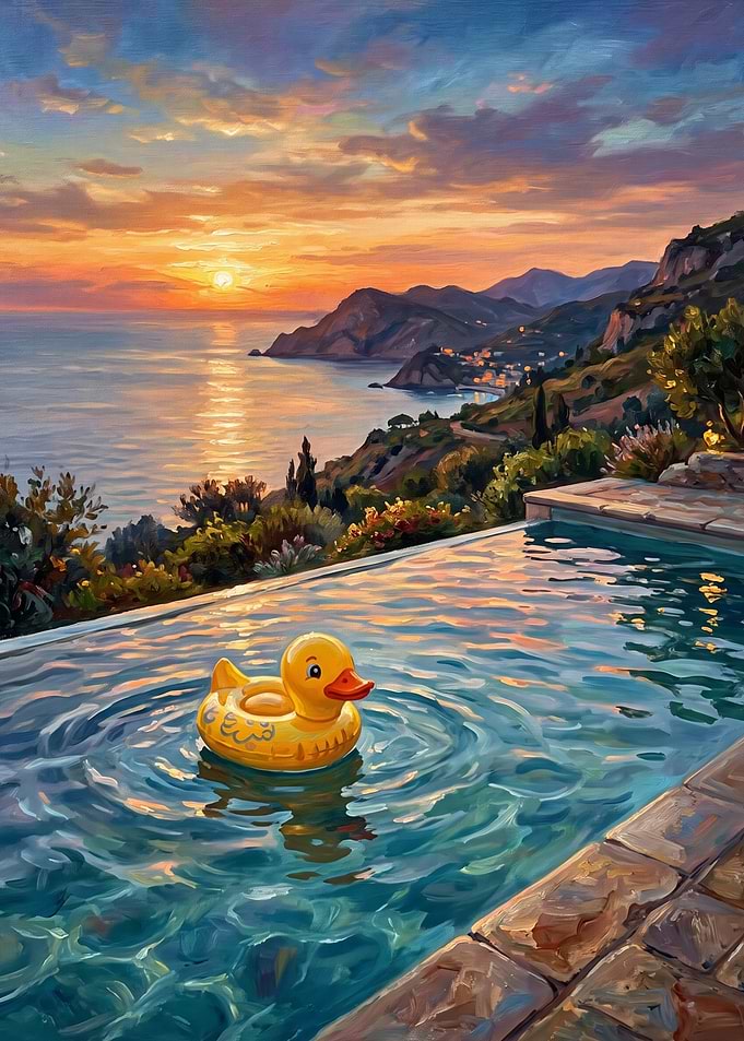 Rubber Duck in Infinity Pool Sunset
