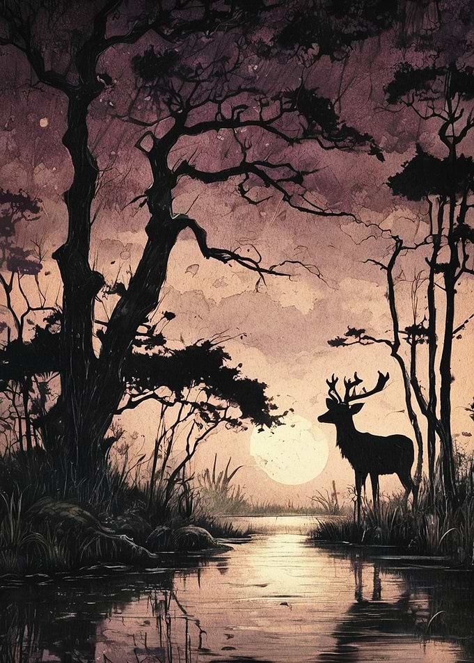 Deer Forest Sunset Dark Fantasy Art