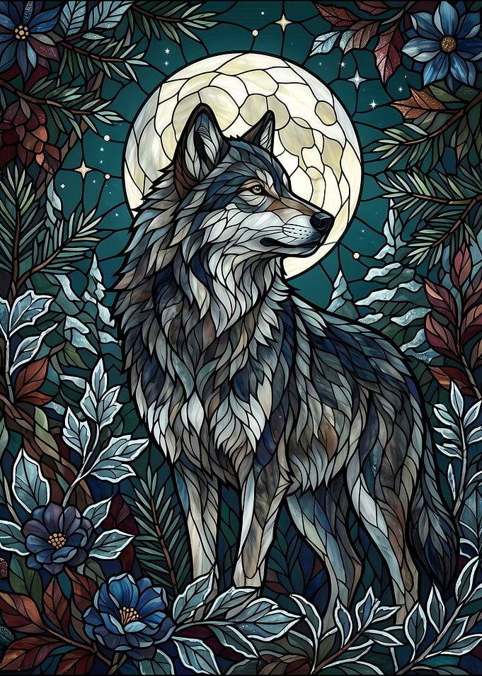 Stained Glass Wolf Under Full Moon