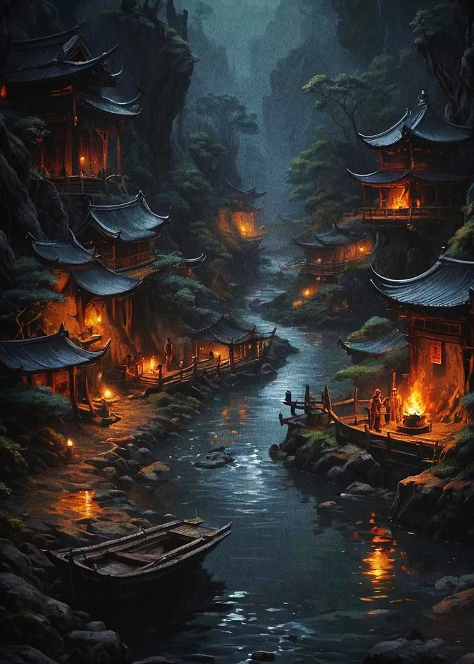 Asian Temple River Dark Fantasy Art