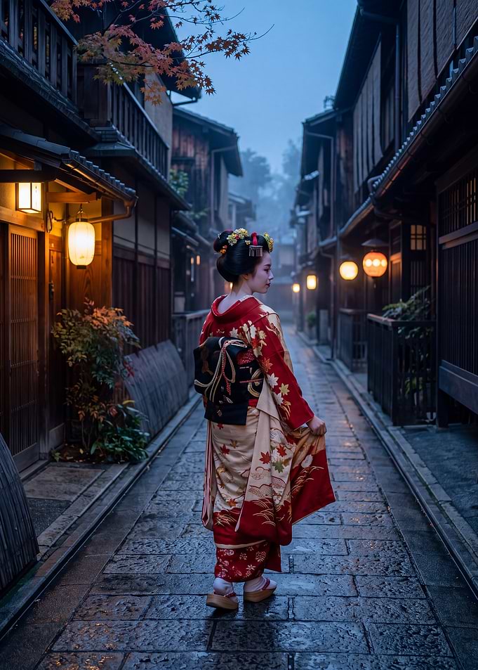 Maiko in a Lantern-Lit Kyoto Alley