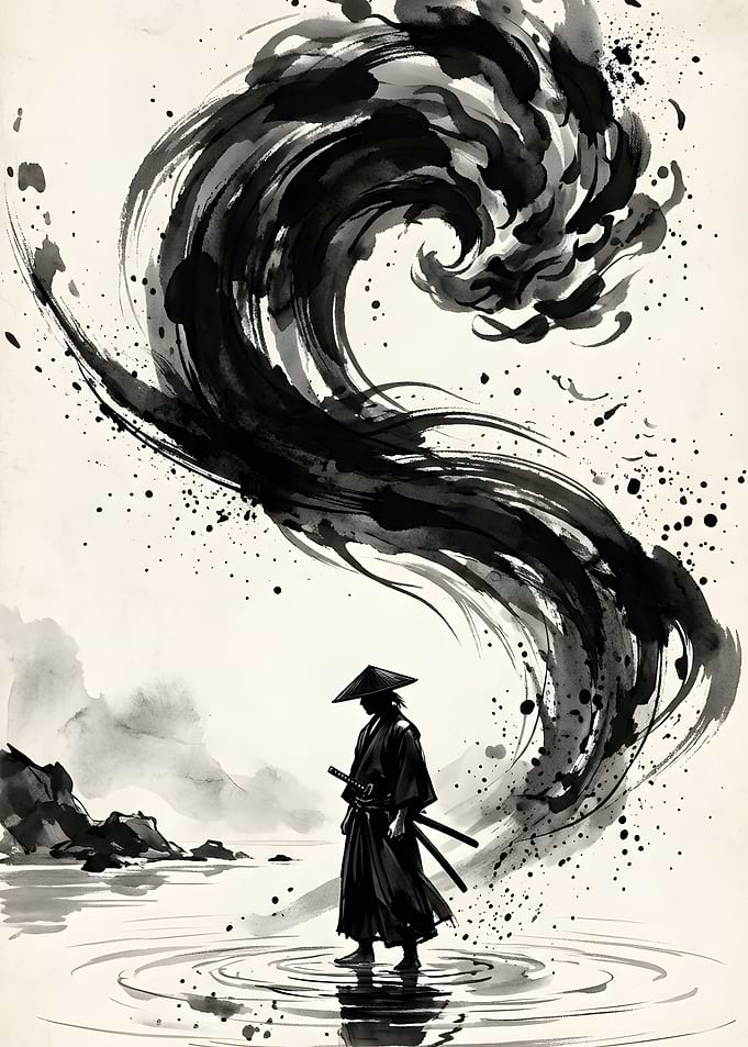 Samurai Standing Amidst Ink Wave