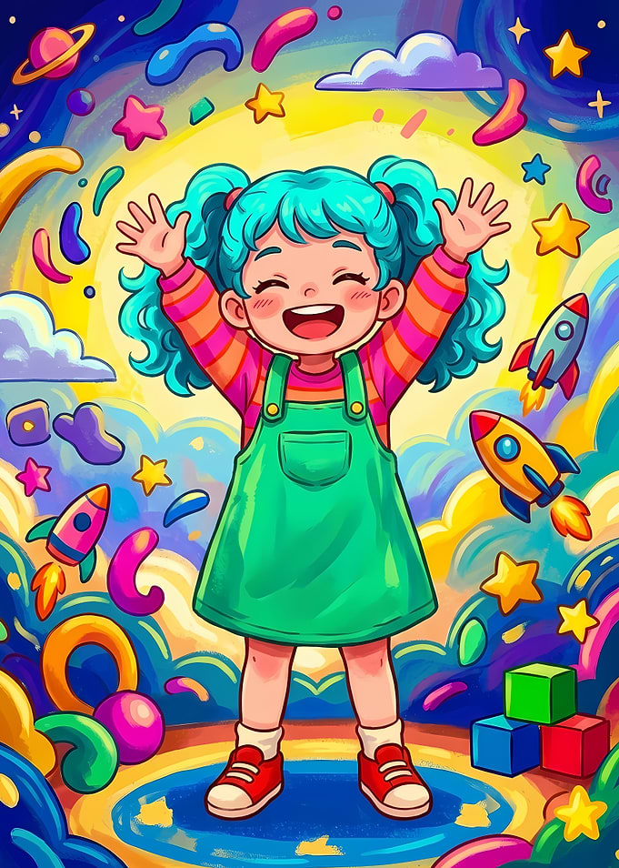 Happy Girl in Colorful Space Fantasy