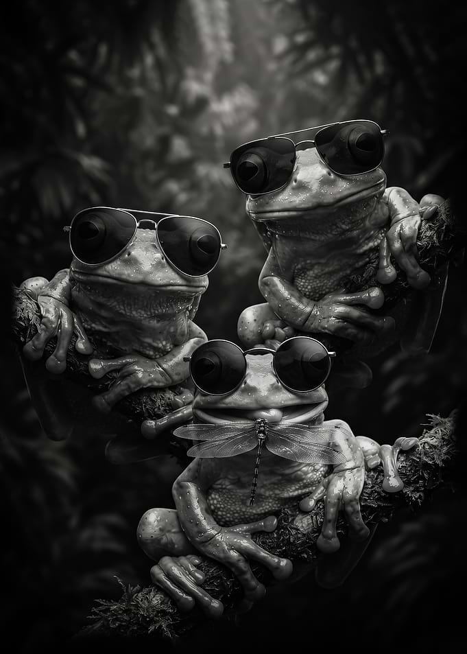 black and white Three Cool Frogs Wearing Sunglasses