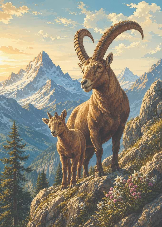 Alpine Ibex Mother and Kid