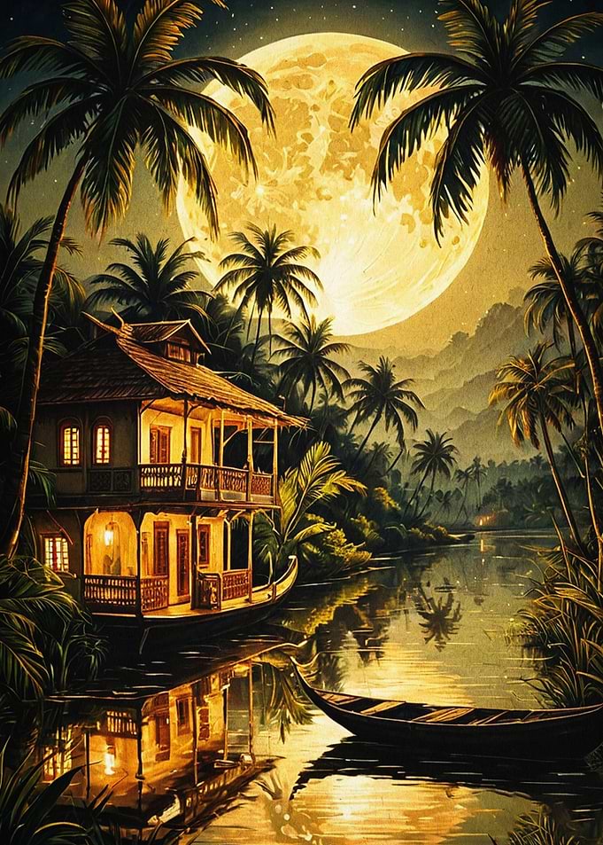 Tropical Moonlit Villa Island Art