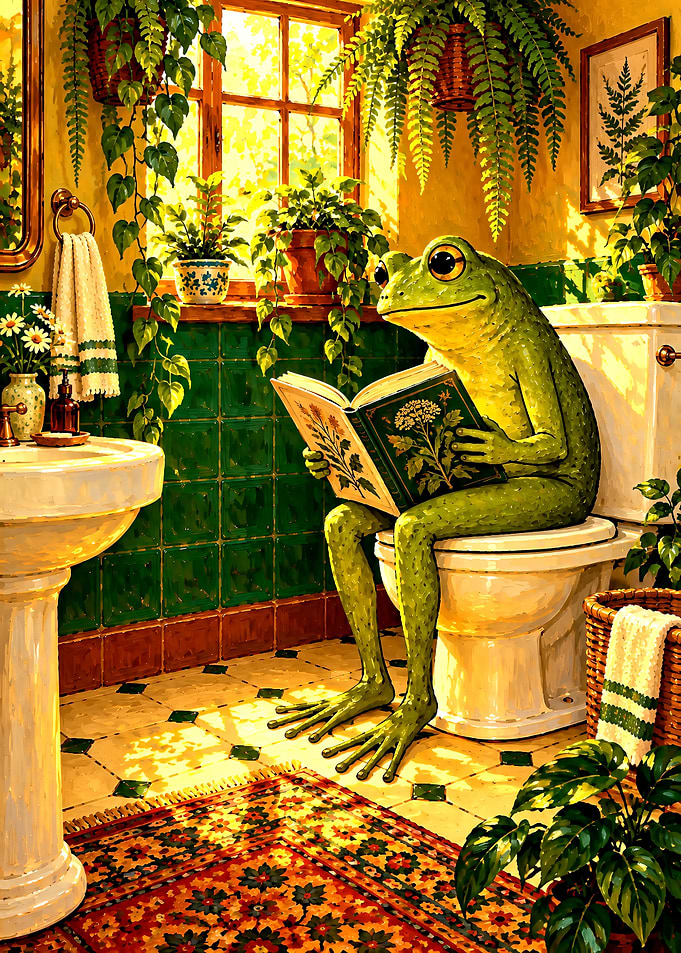 Frog Reading Book in Bathroom