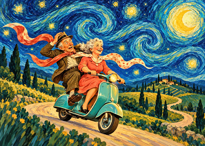 Elderly Couple Riding Scooter Under Stars