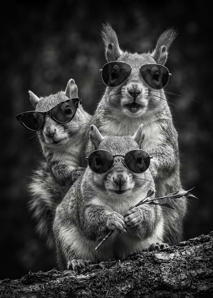 black and white Three Cool Squirrels Wearing Sunglasses