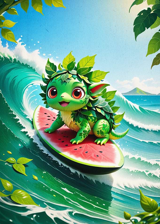 Cute Dragon Surfing Art Poster