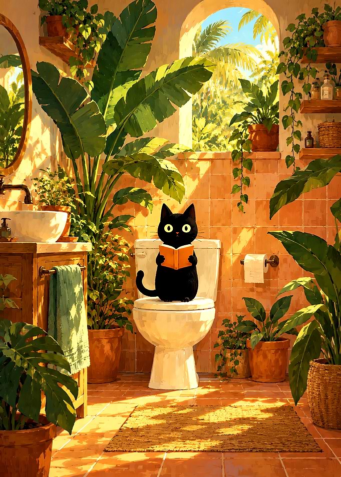 Black Cat Reading on Toilet