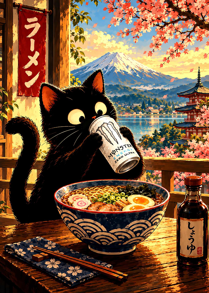 Black Cat Drinking Monster Energy Ramen