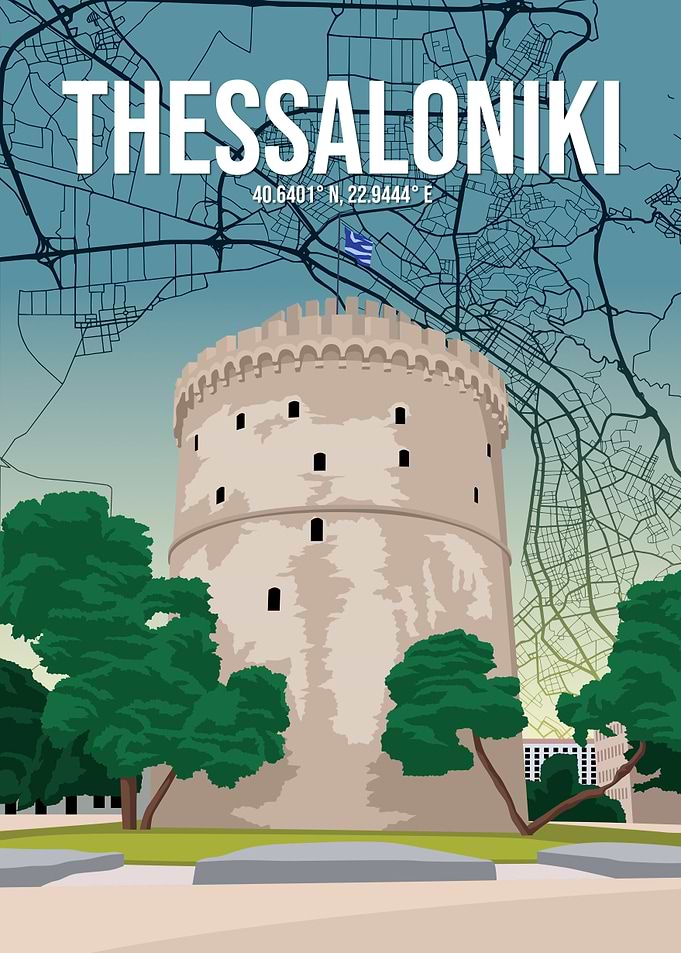 Thessaloniki White Tower City Map Travel Poster