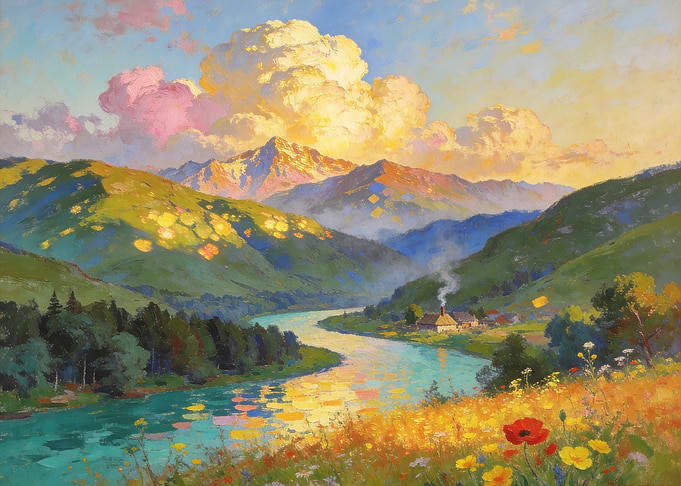 Impressionist Mountain River Valley Landscape