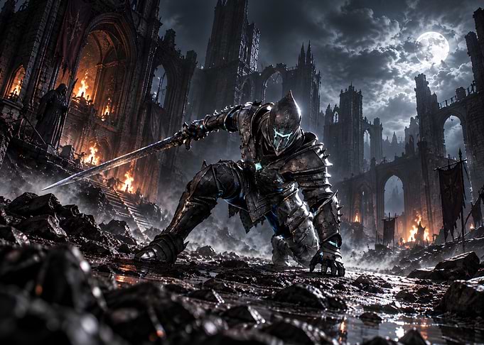 Dark Fantasy Knight in Ruined Castle