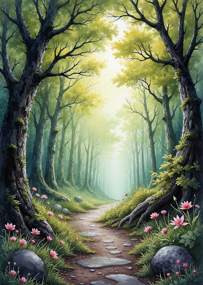 Enchanted Forest Path with Pink Flowers