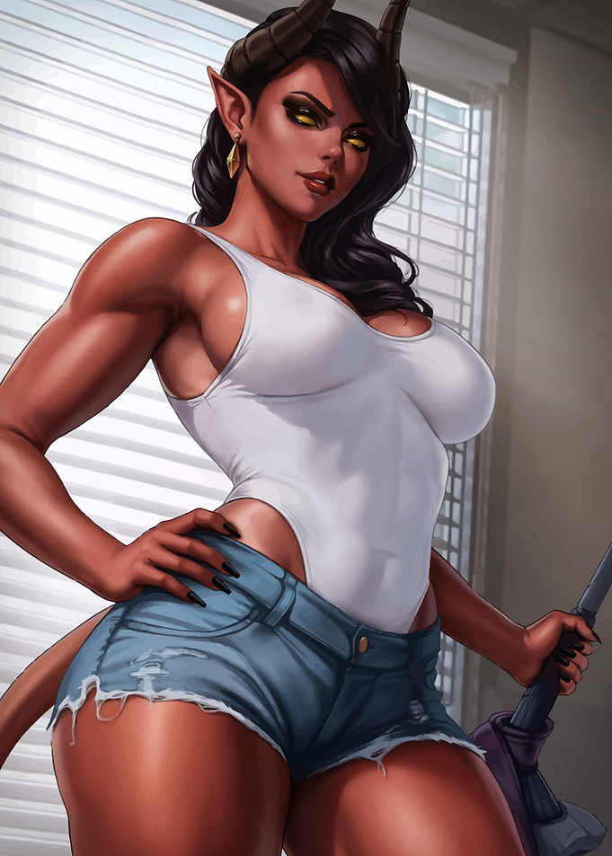 Muscular Demon Woman in Casual Wear