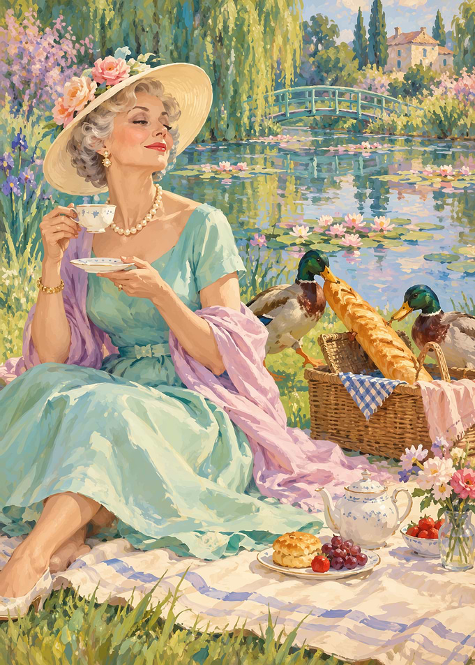 Elegant Woman Having Picnic by Pond