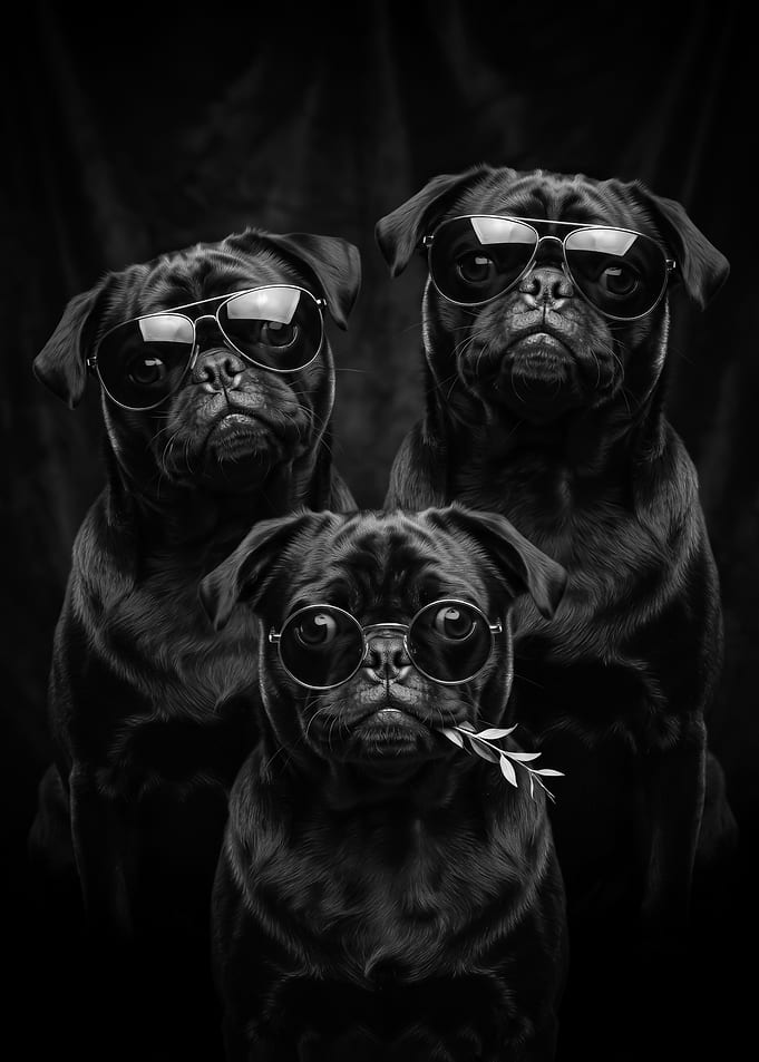 funny Three Cool Black Pugs dogs portrait black and white poster
