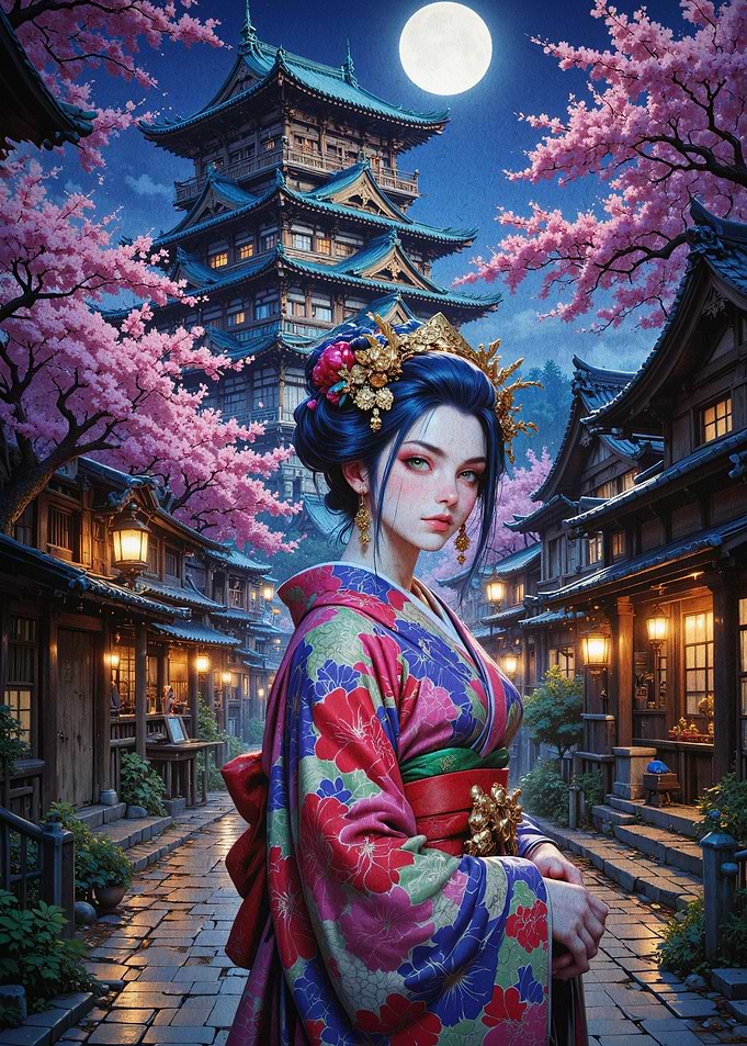 Geisha Cherry Blossom Night Art