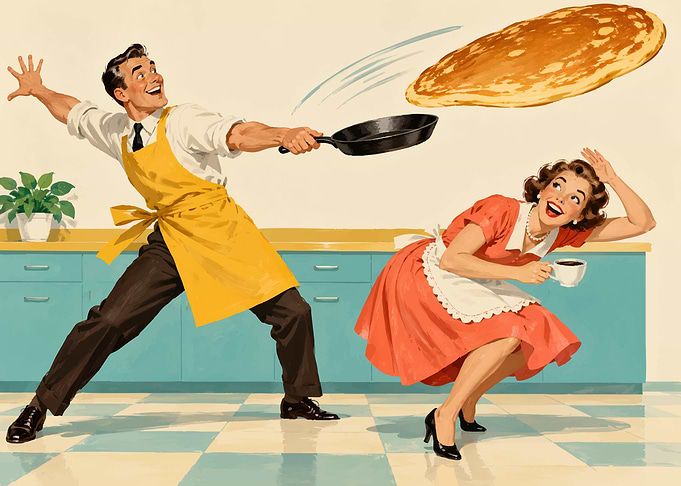 Retro Couple Flipping Pancakes in Kitchen