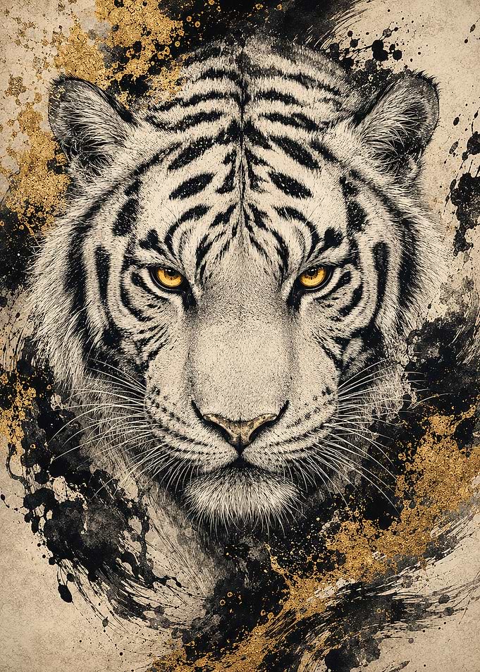 Majestic White Tiger Gold Ink Splatter Art