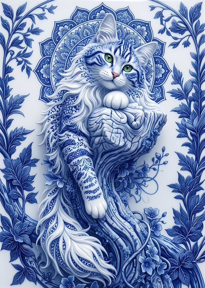 Blue and White Porcelain Style Cat