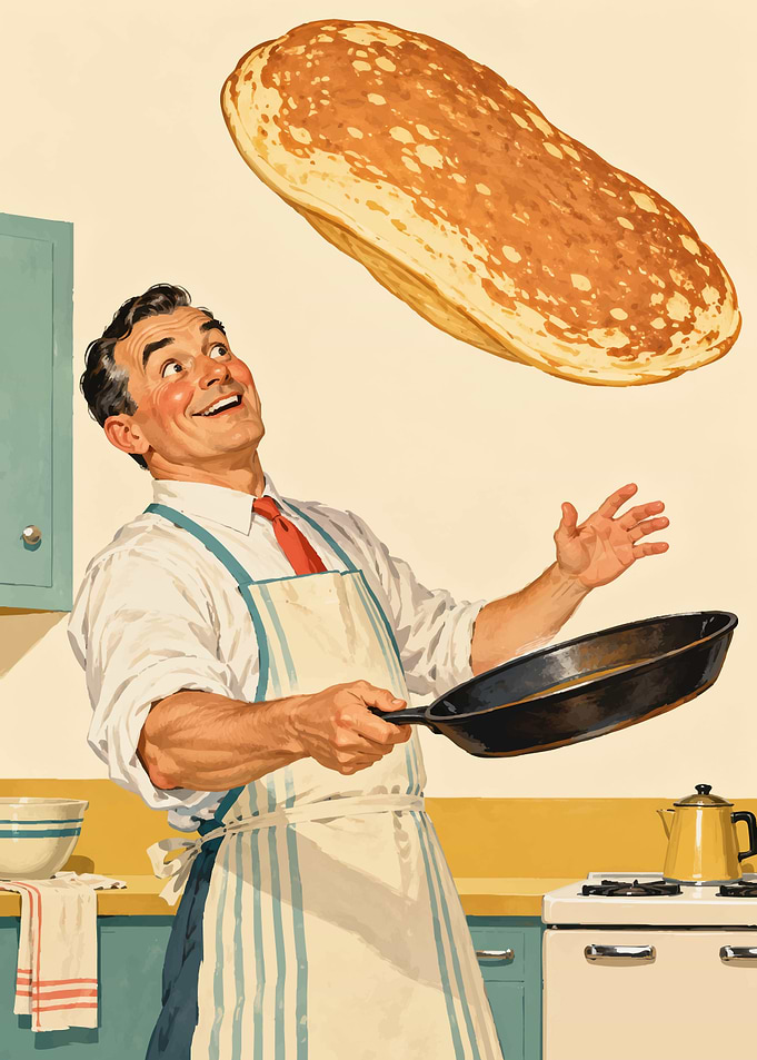 Retro Man Flipping a Pancake