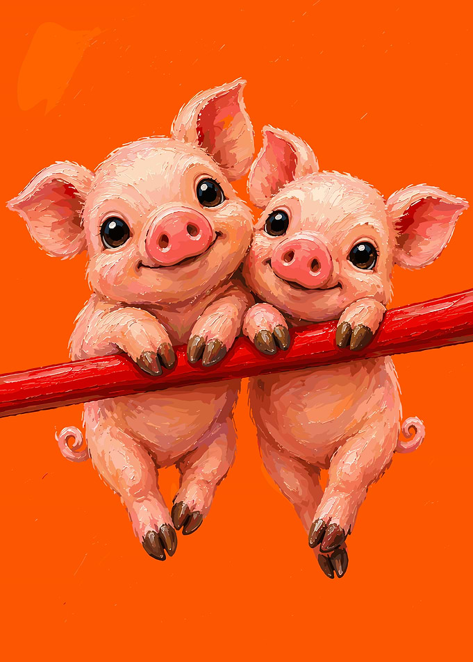 Two Cute Piglets Hanging Together