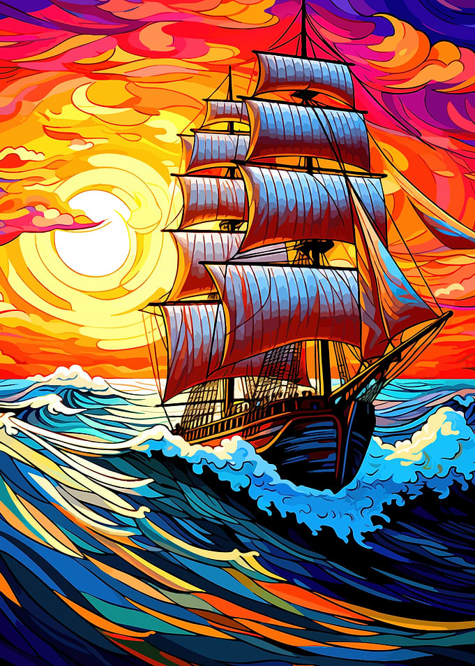 Vibrant Sailing Ship at Sunset