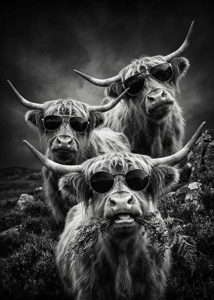 funny Three Cool Highland Cows Wearing Sunglasses