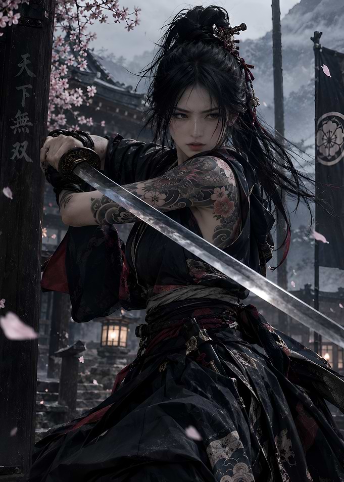 Tattooed Female Samurai with Katana