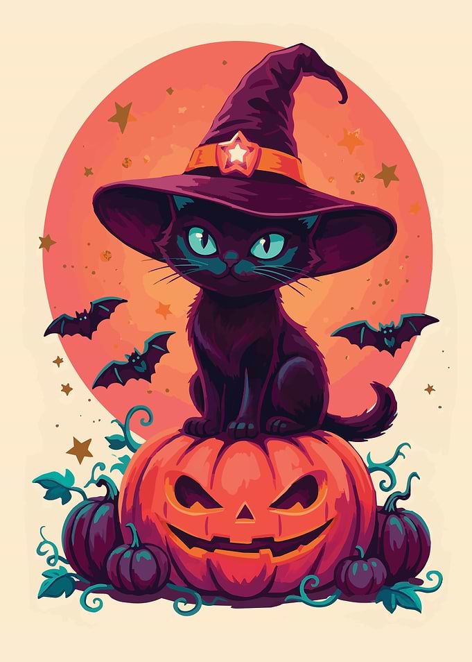 Black Kitten in Witch Hat